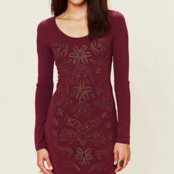 Free People -Burgundy Embroidered Dress - Picture 1 of 5